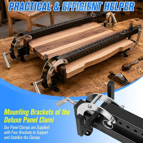 Two Pack 24 Inch Panel Bar Clamps For Woodworking, adjustable carbon steel clamps securing wood panels on a workbench