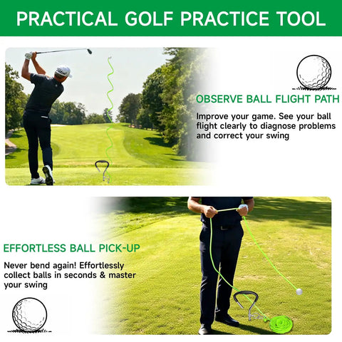 Golf Swing Trainer Kit With Rope And Two Golf Balls For Backyard Practice Aid with golfer analyzing ball flight.