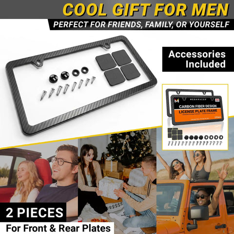 Slick Carbon Fiber License Plate Frame Set With A Dope Slim Profile And Fully Weatherproof Build For Quick Two Hole Universal Front Rear Swap On Your Daily Driver Ride, with installation accessories.