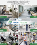Collage of air filter usage: home, office, retail, hospital, institutional, industrial with 12X12X1 Air Filter 6 Pack MERV 8 images