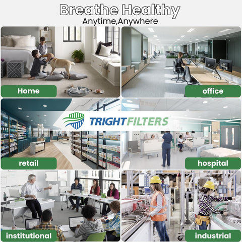 Collage of air filter usage: home, office, retail, hospital, institutional, industrial with 12X12X1 Air Filter 6 Pack MERV 8 images