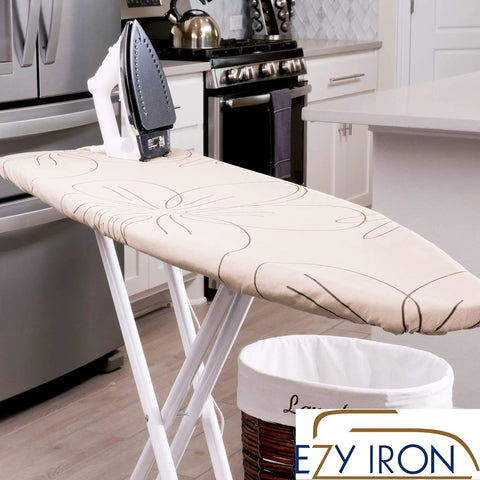 Heavy Duty Padded Ironing Board Cover And Pad No Fuss 15x54 Inches with Elastic Edge on iron board in kitchen scene.