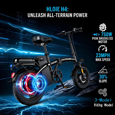 Epic Foldable Electric Bike For Adults With 750W Peak Power And 23 MPH Max, 14 Inch Compact Ebike, 48V 12Ah Battery, 35 Mile PAS Range, Ideal For Commutes And Weekend Joyrides. Black folding electric bike side view with 14-inch wheels
