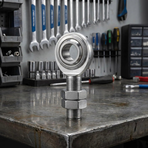 3/4 Inch Steel Heim Joint Rod End With Two Nuts And Right Hand Thread For Quick Installation on a stainless steel workbench.