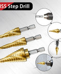 Heavy Duty Step Drill Bit Set For DIY Lovers With 31 Sizes And 1 Quarter Inch Hex Shank HSS Titanium Coated Spiral Grooved Bits For Sheet Metal Aluminum And Wood By AIMLENTOOL 3 Piece Set showing 3 golden titanium coated step bits with hex shank.