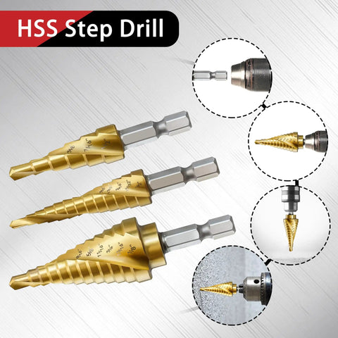 Heavy Duty Step Drill Bit Set For DIY Lovers With 31 Sizes And 1 Quarter Inch Hex Shank HSS Titanium Coated Spiral Grooved Bits For Sheet Metal Aluminum And Wood By AIMLENTOOL 3 Piece Set showing 3 golden titanium coated step bits with hex shank.