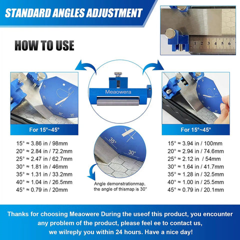 Diagram showing Pro Grade Chisel Sharpening Kit With Sharpening Stones And Honing Guide for angle adjustment 15° to 45°.