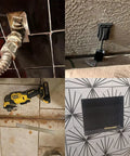 Diamond Grout Multitool Blade Set For Grout Removal, 3 Pack, with oscillating tool next to grout line on tiled surface