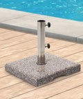 Beefy 42 Lbs Square Granite Umbrella Base Grey For Outdoor Patios with stainless steel pole holder on wooden deck