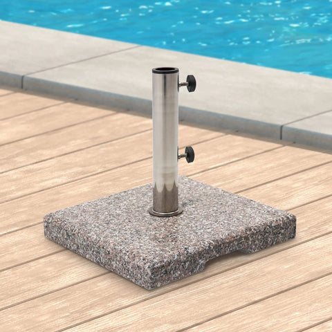 Beefy 42 Lbs Square Granite Umbrella Base Grey For Outdoor Patios with stainless steel pole holder on wooden deck