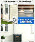 Split view of indoor and outdoor use of 4 Inch 17 Ft Mini Split Line Cover Kit For Ductless Systems, Flexible PVC Pipe Cover For Line Sets.