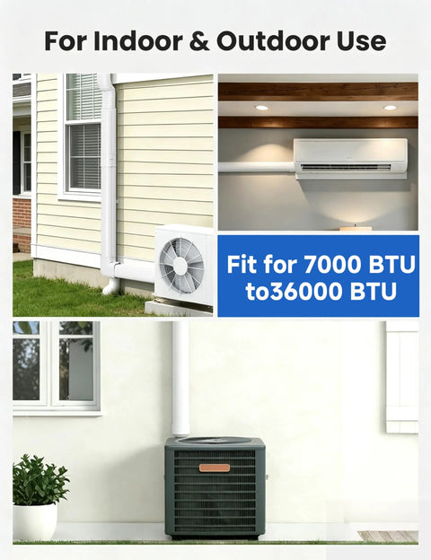 Split view of indoor and outdoor use of 4 Inch 17 Ft Mini Split Line Cover Kit For Ductless Systems, Flexible PVC Pipe Cover For Line Sets.