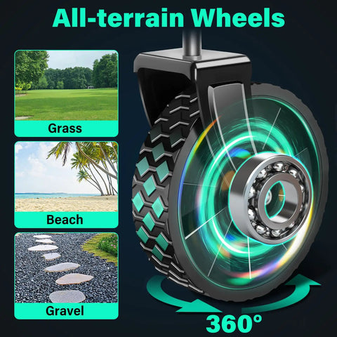 Close-up of all-terrain wheel for Collapsible Wagon Cart With Wheels, suitable for grass, beach, and gravel surfaces.