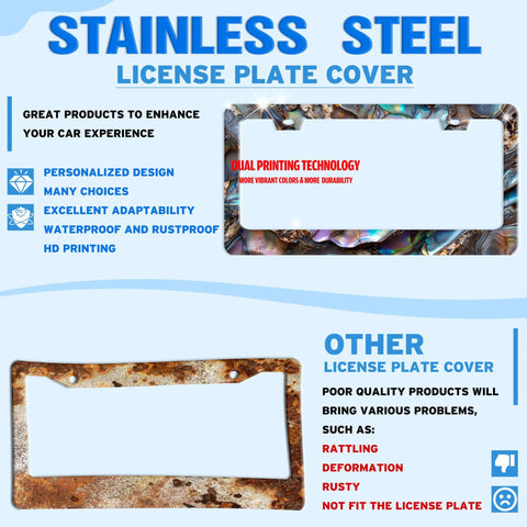 Comparison of stainless steel abalone shell license plate frame versus rusted frame highlighting quality and durability.