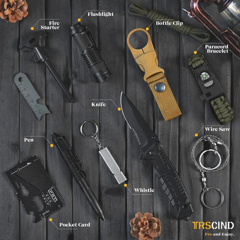 Must Have Survival Kit 14 In 1 For Camping Fishing And Hunting Adventures with tools like knife, flashlight, and fire starter.