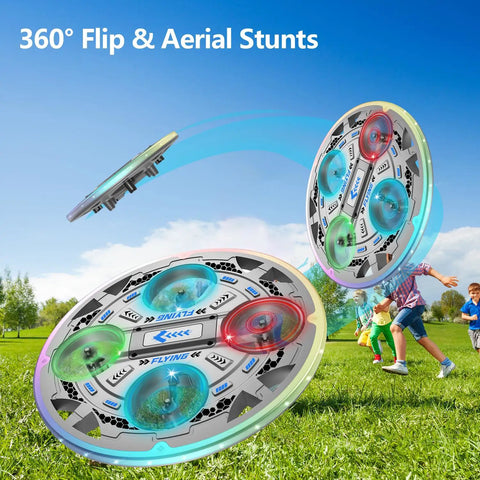 Dope Kid Friendly RC UFO Airplane with 360 Flip Stunt Drone performing aerial tricks in a park with children playing