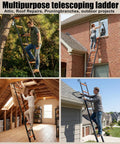 12.5 Foot Telescoping Ladder With Quick Folding Mechanism, Aluminum Extension Ladder For RV Home And Outdoor Use, 330 Lb Max Load, Lightweight Portable Orange, Easy One Step Fold In Seconds, Safe Anti Pinch Design used for attic, roof, and window work