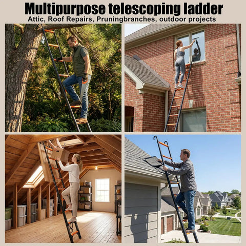 12.5 Foot Telescoping Ladder With Quick Folding Mechanism, Aluminum Extension Ladder For RV Home And Outdoor Use, 330 Lb Max Load, Lightweight Portable Orange, Easy One Step Fold In Seconds, Safe Anti Pinch Design used for attic, roof, and window work
