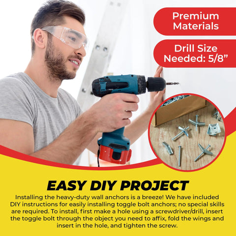 Man using drill to install Spring Toggle Bolt Anchors Heavy Duty Wall Anchors For Hollow Walls One Eighth Inch By Two Inches Stainless Steel Pack Of 20 For Hanging Frames Shelves Mirrors And More High Load Support In Small Holes