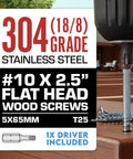 Deck Screws 10 By Two And A Half Inch Stainless Steel 304 Grade Flat Head Torx T25 Drive Built To Last Rust Resistant