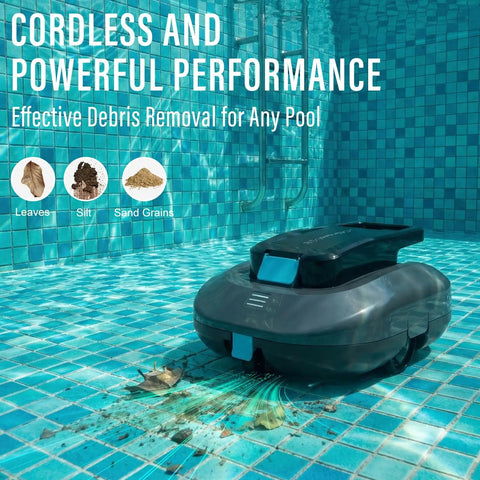 Cordless Robotic Pool Cleaner With Dual Motors Delivers Strong Suction Smart Self Parking LED Indicator Pool Vacuum For Above Ground Flat Pools Up To 900 Sq Ft Gray cleaning debris in pool