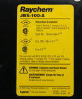 Label on Raychem JBS-100-A junction box indicating hazardous locations and safety warnings for heating cables.