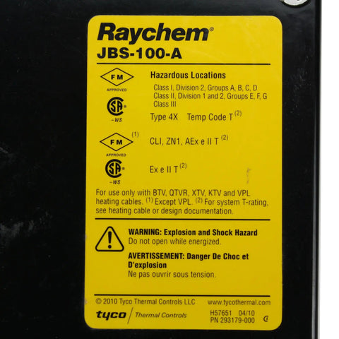 Label on Raychem JBS-100-A junction box indicating hazardous locations and safety warnings for heating cables.