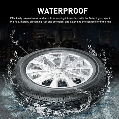 Four Piece Snap In Wheel Center Hub Caps With Slick Chrome Silver Finish And 60mm Outer Diameter in water, showcasing waterproof design.
