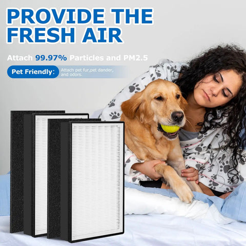 Image of a person with a dog beside Two Pack A2 HEPA Replacement Filters For Room A2 Air Purifier Includes Two Carbon Pre Filters.