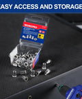 Open package of 50 Piece Rivet Nuts Set 1/4-20 Stainless Steel Flat Head Threaded Inserts With Knurled Body on textured surface