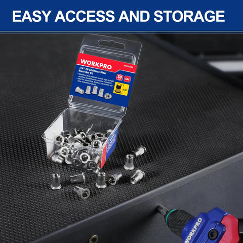 Open package of 50 Piece Rivet Nuts Set 1/4-20 Stainless Steel Flat Head Threaded Inserts With Knurled Body on textured surface