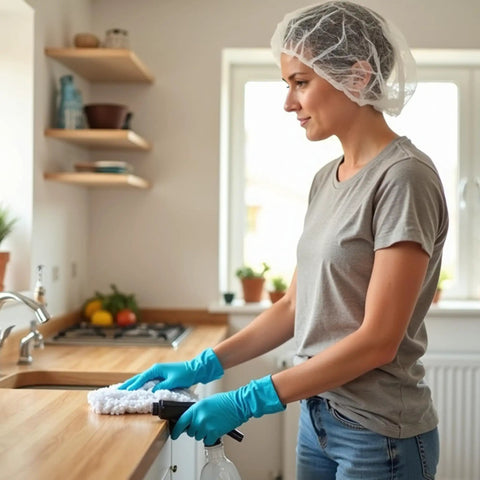 Woman cleaning in kitchen wearing Breathable Disposable Bouffant Cap With Elastic Edge For A Secure Fit Latex Free All Day Comfort