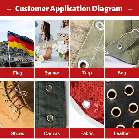 Customer application diagram showing grommet usage in flag, banner, tarp, bag, shoes, canvas, fabric, and leather with Grommet Tool Kit 3/8 Inch Heavy Duty Eyelet Pliers With 300 Pcs 10mm Metal Grommets Set For Tarps Fabric Leather Tents Vinyl Canvas Gold Black Silver Quick Release Handheld Grommet Pliers Dual Magnetic Dies.
