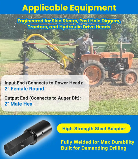 Beefy Heavy Duty 2 Inch Round To 2 Inch Hex Auger Adapter For Power Heads image with tractor and adapter details, 23-053