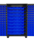 Heavy Duty Tool Storage Cabinet With Bin Mounts, 155 Blue Bins, 48 Inch Wide By 24 Deep By 78 High, All Welded 14 Gauge Steel, Full Doors.