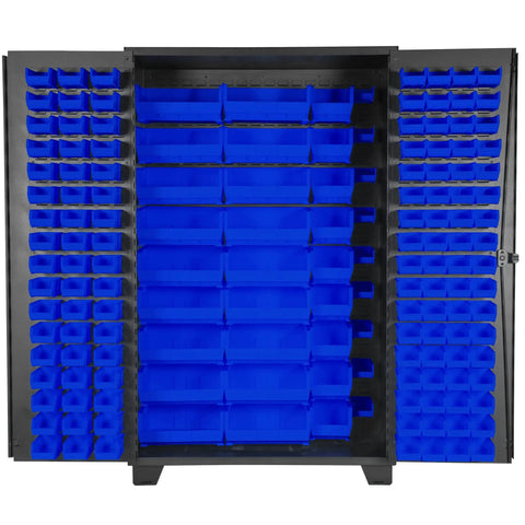 Heavy Duty Tool Storage Cabinet With Bin Mounts, 155 Blue Bins, 48 Inch Wide By 24 Deep By 78 High, All Welded 14 Gauge Steel, Full Doors.
