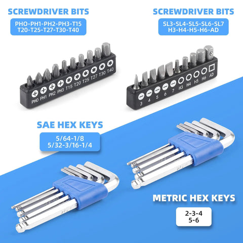 Screwdriver bits and hex keys from 174 Piece Go-To Home Repair Tool Kit With 14 Inch Large Mouth Storage Tool Bag