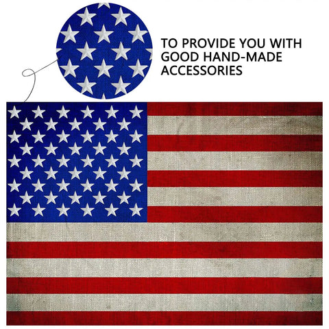 Close-up of American flag with the text 'To provide you with good hand-made accessories' highlighting white stars detail.