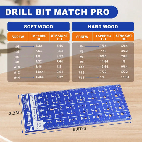 Screw Size Chart and Drill Bit Gauge Laser Etched in 6061 Aluminum Pilot Hole Guide for Screws Four Through Fourteen on wood table