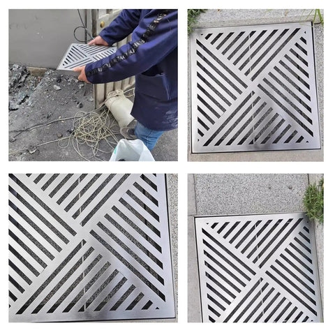 Rock Solid Stainless Steel Trench Drain Cover With Heavy Duty Perforated Mesh And Reinforced Base For Outdoor Deck Courtyard Gully Strainer That Drains Rainwater Like A Champ In A Clean 22 Inch Format, shown being installed.