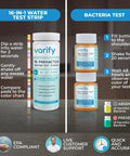 17In1 Complete Drinking Water Test Kit with 100 strips and 2 bacteria tests displayed with instructions on using test strips.