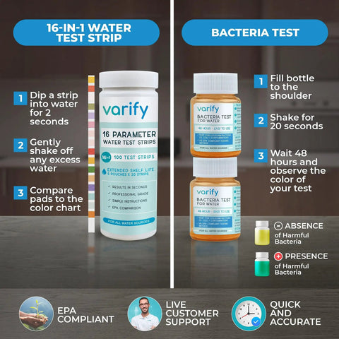 17In1 Complete Drinking Water Test Kit with 100 strips and 2 bacteria tests displayed with instructions on using test strips.