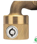 Close-up of FaucetLock Heavy Duty Brass Faucet Lock for Outdoor Hose Bibbs, showing the secure keyed lock mechanism.