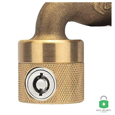 Close-up of FaucetLock Heavy Duty Brass Faucet Lock for Outdoor Hose Bibbs, showing the secure keyed lock mechanism.