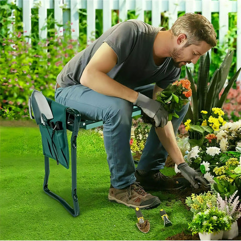 Person using Foldable Garden Kneeler And Seat With Tool Pouches All In One Bench Soft Kneeling Pad for weeding in a garden