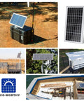 Collage of 10W Portable Solar Panel Charger For 12V Battery And Gate Opener on various outdoor setups and applications