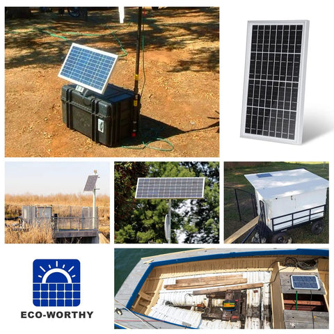 Collage of 10W Portable Solar Panel Charger For 12V Battery And Gate Opener on various outdoor setups and applications