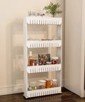Slim Four Tier Rolling Storage Cart On Wheels For Office, Dorm, Bedroom, Bathroom And Laundry Room, Durable Plastic Organizer With High Sides And Grab And Go Mobility, White
