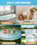 Various uses for the Dope Build 2000W Portable Submersible Water Heater in a bathtub, pet bath, inflatable pool, and bucket.