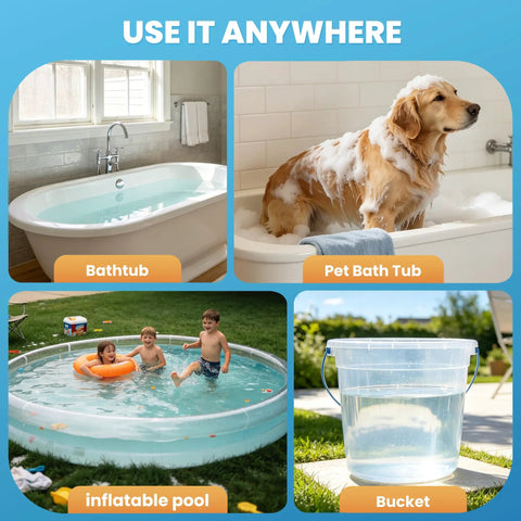 Various uses for the Dope Build 2000W Portable Submersible Water Heater in a bathtub, pet bath, inflatable pool, and bucket.